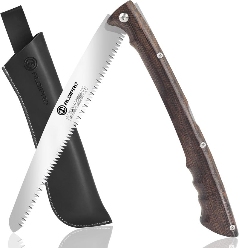ALDIPRO Folding Pruning Saw 10 Inch with Leather Sheath and Wenge Wooden Handle, SK5 Steel Blade, Foldable Hand Saw for Camping, Survival, Wood Cutting, Bushcraft and Tree Trimming - Image 1
